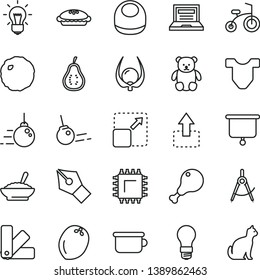 thin line vector icon set - laptop vector, baby bib, Child T shirt, children's potty, small teddy bear, bicycle, big core, color samples, expand picture, move up, pie, a bowl of buckwheat porridge