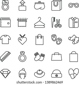 thin line vector icon set - paper bag vector, purse, hat, accessories for a hairstyle, comb, warm socks, Knitted, shoes little children, winter, with handles, T shirt, folded, hanger, cloth industry