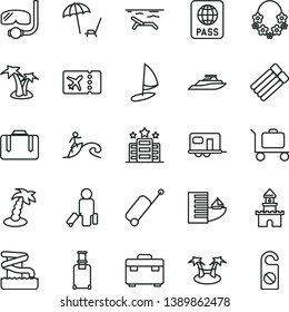 thin line vector icon set - suitcase vector, passport, sand castle, camper, passenger, rolling, plane ticket, case, hotel, beach, arnchair under umbrella, palm tree, hawaii wreath, aquapark, surfing