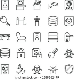 thin line vector icon set - Baby chair vector, door knob, road fence, lock, key, anchor, passport, big data, strongbox, encrypting, biohazard, airport tower, rope barrier, identity card, access