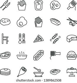 thin line vector icon set - plates and spoons vector, a chair for feeding, iron fork, cheese, piece of pizza, Hot Dog, burger, spaghetti, noodles, porridge, grill chicken leg, bacon, chop, barbecue