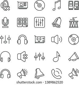 thin line vector icon set - bell vector, desktop microphone, horn, silent mode, drumroll, headphones, music, regulator, volume, no sound, phone call, loudspeaker, pc card, cd, speaker, note