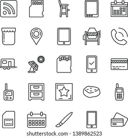 thin line vector icon set - tassel vector, calendar, bank card, rss feed, toy phone, a chair for feeding child, concrete mixer, smartphone, nightstand, call, piece of meat, jam, big solar panel, SIM