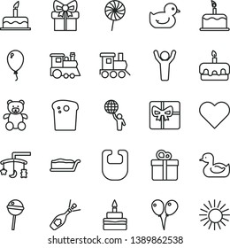 thin line vector icon set - toys over the cradle vector, bib, rubber duck, baby duckling, teddy bear, toy train, children's, colored air balloons, balloon, cake, heart, gift, Easter, slice, torte