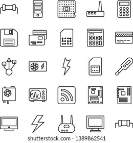thin line vector icon set - lightning vector, floppy disk, monitor window, bank card, rss feed, electronic thermometer e, screen, cards, processor, SIM, calculator, engineer, pc power supply, tower