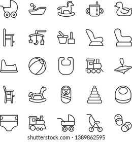 thin line vector icon set - toys over the cradle vector, mug for feeding, diaper, bib, baby, chair, car child seat, stroller, carriage, summer, rubber duck, bath ball, children's bathroom, sand set