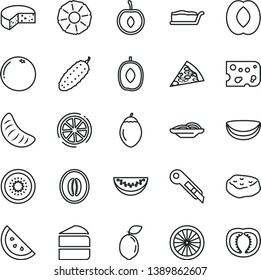 thin line vector icon set - stationery knife vector, piece of cheese, pizza, slices onion, cake, slice, meat, cucumber, orange, delicious plum, half peach, melon, water, tangerine, cherry, kiwi