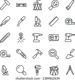 thin line vector icon set - graphite pencil vector, yardstick, zoom out, mercury thermometer, drumroll, drum, trowel, cordless drill, arm saw, measuring tape, long meashuring, building level, hammer