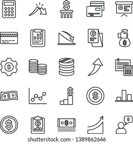 thin line vector icon set - bank card vector, graph, calculation, cards, coins, column of, chart, recession, a crisis, statistical report, overview, dollar, cash, research, calculator, financial