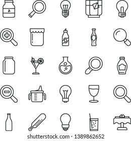 thin line vector icon set - matte light bulb vector, incandescent lamp, magnifier, zoom, out, measuring cup for feeding, mercury thermometer, a glass of soda, tea, cocktail, bottle, jam, jar, liquor