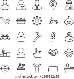 thin line vector icon set - woman vector, hat with glasses, funny hairdo, workman, employee, index finger, court hearing, man, in sight, handclasp, hand bag, conversation, scientist, carrer stairway