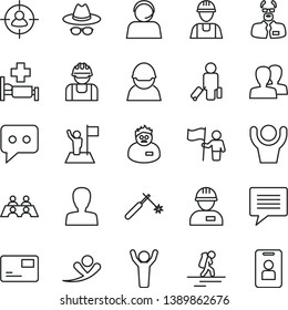 thin line vector icon set - image of thought vector, woman, women, hat with glasses, builder, workman, pass card, racer, welding, man in sight, operator, think, conversation, scientist, hands up
