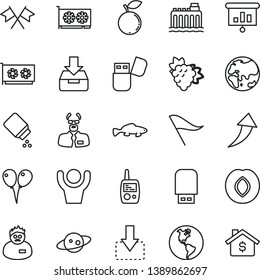 thin line vector icon set - wind direction indicator vector, baby powder, toy mobile phone, colored air balloons, put in a box, move down, small fish, branch of grape, plum, blueberry, planet, Earth