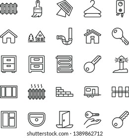 thin line vector icon set - house vector, bedside table, brick wall, window, frame, wooden paint brush, sink, siphon, key, ceramic tiles, heating coil, new radiator, boiler, nightstand, hanger