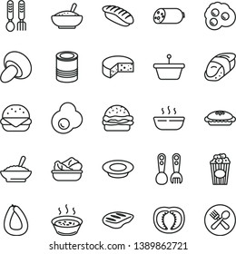 thin line vector icon set - plastic fork spoons vector, iron, sausage, stick of, cheese, tin, big burger, porcini, pie, a bowl buckwheat porridge, rice, in saucepan, hot, lettuce plate, milk, chop