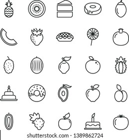 thin line vector icon set - cake vector, birthday, piece of, with a hole, glazed, apple pie, lollipop, pineapple, pomegranate, grape, quince, apricot, red, strawberry, mulberry, melon, slice, kiwi