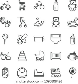 thin line vector icon set - baby cot vector, dummy, mug for feeding, bottle, measuring, diaper, bib, stroller, sitting, stacking rings, roly poly doll, toy sand set, children's potty, chair, a child
