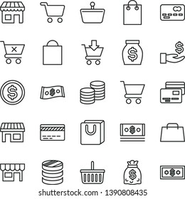 thin line vector icon set - paper bag vector, grocery basket, bank card, cart, put in, crossed, with handles, cards, kiosk, coins, stall, shopping, front of the, column, dollar, get a wage, money