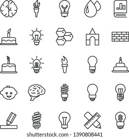 thin line vector icon set - matte light bulb vector, children's hairdo, box of bricks, cake, birthday, brickwork, saving, writing accessories, drawing, honeycombs, drop, energy, book on statistics