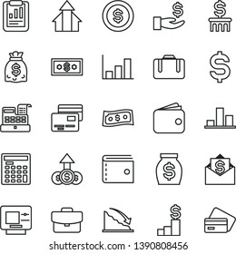 thin line vector icon set - purse vector, suitcase, cards, chart, recession, statistical report, denomination of the dollar, get a wage, wallet, money, dollars, engineer calculator, cash machine