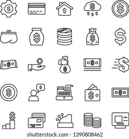 thin line vector icon set - bank card vector, dollar, cards, coins, column of, denomination the, catch a coin, purse, money, dollars, cash, machine, cashbox, bag hand, rain, mortgage, pedestal, gear