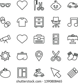 thin line vector icon set - heart symbol vector, scissors, bedside table, accessories for a hairstyle, warm socks, funny hairdo, child shoes, window, portfolio, interroom door, T shirt, tomato, note
