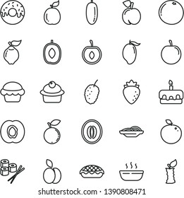 thin line vector icon set - slices of onion vector, cake, muffin, torte, glazed with a hole, apple pie, hot porridge, sushi set, peach, half apricot, quince, raspberry, blueberry, tasty mulberry