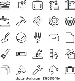 thin line vector icon set - clean sheet of paper vector, bath ball, crane, tower, winch hook, cogwheel, trowel, hand saw, paint roller, portfolio, construction level, drawing, spatula, case, pile