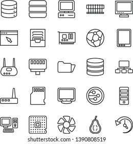 thin line vector icon set - monitor vector, archive, big data, part of guava, processor, scheme, computer, tablet pc, fan, radiator, tower, card, router, network, browser, folder, lan connector, sd