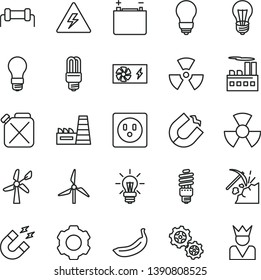 thin line vector icon set - danger of electricity vector, bulb, banana, coal mining, windmill, wind energy, accumulator, light, socket, industrial building, thermal power plant, gears, canister