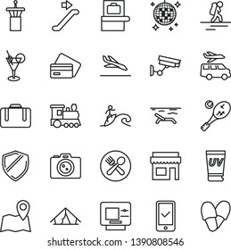 thin line vector icon set - train vector, backpacker, airport tower, escalator, suitcase, baggage scanner, phone registration, arrival, atm, credit card, tent, beach, uv cream, cocktail, disco ball