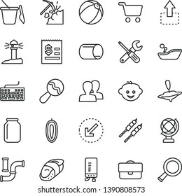 thin line vector icon set - keyboard vector, women, beanbag, baby bath ball, children's bathroom, sand set, hairdo, small yule, tools, electronic boiler, left bottom arrow, globe, move up, barbecue