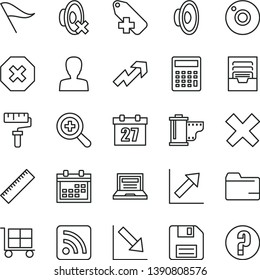thin line vector icon set - paint roller vector, camera, floppy disk, laptop, daily calendar, mark of injury, yardstick, cargo trolley, zoom, wind direction indicator, woman, folder, growth up, roll