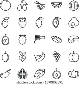 thin line vector icon set - cheese vector, noodles, Chinese chopsticks, sushi, japanese, fried egg, apple, half pomegranate, large grape, quince, strawberry, cornels, tasty raspberry, water melon
