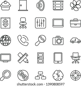 thin line vector icon set - camera vector, briefcase, spectacles, loudspeaker, chest of drawers, beanbag, ntrance door, interroom, writing accessories, flowchart, regulator, muffin, planet, notebook