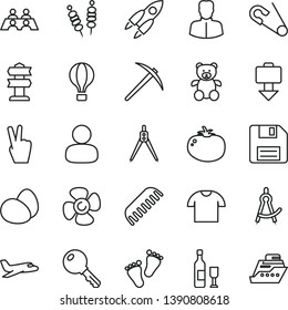 thin line vector icon set - floppy disk vector, open pin, comb, teddy bear, footprints, key, T shirt, eggs, fried vegetables on sticks, tomato, fan screw, woman, man, conversation, drawing compass