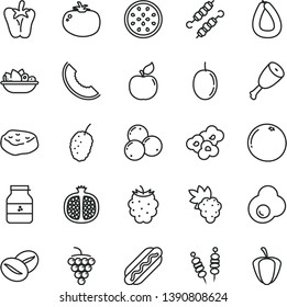 thin line vector icon set - stick of sausage vector, fried vegetables on sticks, Hot Dog, a plate fruit, chicken thigh, meat skewers, piece, tomato, peper, coffee beans, popcorn, egg, jar jam, grape
