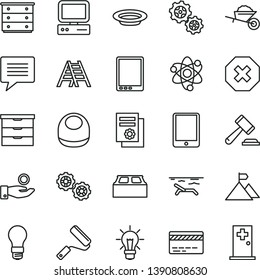 thin line vector icon set - image of thought vector, mark injury, bank card, hammer a judge, storage unit, chest drawers, baby bib, gears, garden trolley, new roller, ladder, building block, plate