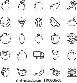 thin line vector icon set - bath ball vector, pizza, spaghetti, a bowl of rice porridge, chicken, Chinese chopsticks, orange slice, pomegranate, large grape, red apple, strawberry, medlar, blueberry