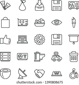 thin line vector icon set - laptop vector, paper bag, camera roll, chest of drawers, motor vehicle present, gear, eye, put in a box, lettuce plate, pear, half coconut, hand shake, pc card, trash bin