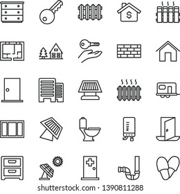 thin line vector icon set - chest of drawers vector, brickwork, window frame, toilet, siphon, lay out flat, ntrance door, buildings, radiator, new, electronic boiler, home, nightstand, cast iron