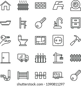 thin line vector icon set - bedside table vector, baby cot, bath, a chair for feeding, brickwork, comfortable toilet, siphon, lay out of flat, power socket type f, key, ntrance door, ceramic tiles