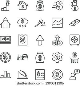 thin line vector icon set - upward direction vector, dollar, line chart, strongbox, recession, a crisis, article on the, financial item, money, cash, growth arrows, gold bar, bag hand, rain, coin