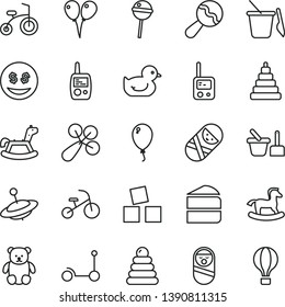 thin line vector icon set - beanbag vector, baby rattle, duckling, stacking rings, toy, roly poly doll, tumbler, phone, mobile, sand set, children's, small teddy bear, yule, rocking horse, balloon