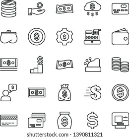 thin line vector icon set - bank card vector, dollar, cards, front of the, coins, column, denomination, catch a coin, wallet, purse, money, dollars, cash, machine, cashbox, rain, pedestal, gear, atm