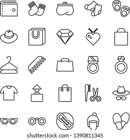 thin line vector icon set - paper bag vector, purse, spectacles, hat, with glasses, accessories for a hairstyle, comb, warm socks, Knitted, shoes little children, winter, handles, T shirt, hanger