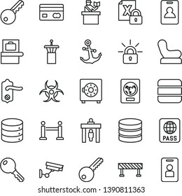 thin line vector icon set - Baby chair vector, key, door knob, road fence, anchor, passport, big data, strongbox, reverse side of a bank card, encrypting, biohazard, airport tower, rope barrier