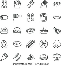 thin line vector icon set - plastic fork spoons vector, iron, sausage, stick of, piece pizza, Hot Dog, mini, burger, spaghetti, noodles, porridge, lettuce in a plate, grill chicken leg, bacon, chop