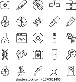 thin line vector icon set - mark of injury vector, spectacles, first aid kit, plus, mercury thermometer, bag a paramedic, medical, estimate, cardiogram, round flask, outdoor, test tube, dna, brain