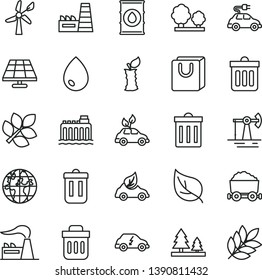 thin line vector icon set - bin vector, dust, drop, bag with handles, apple stub, solar panel, working oil derrick, leaf, wind energy, factory, hydroelectricity, trees, forest, thermal power plant